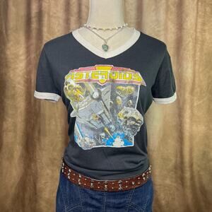 Asteroids Video Game T-Shirt Junk Food V Neck Ringer Short Sleeve Retro Gamer